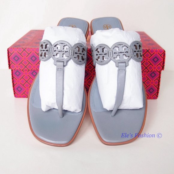 NIB Tory Burch Tiny Miller Logo Leather Thong Sandal Cloud Blue US 8.5 AUTHENTIC - Picture 4 of 16